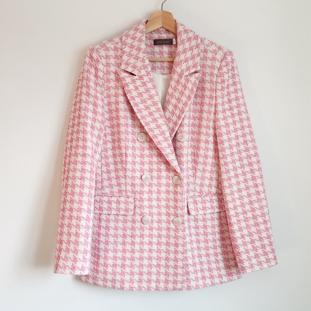 • NWOT! • Mint Velvet coton blend pink and white houndstooth blazer - Picture 2 of 11